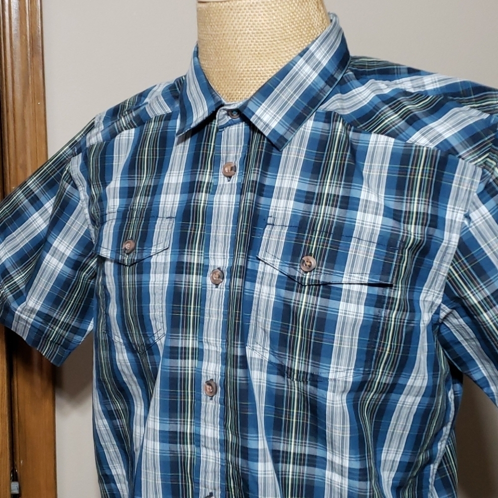 Prana blue black plaid short sleeve shirt